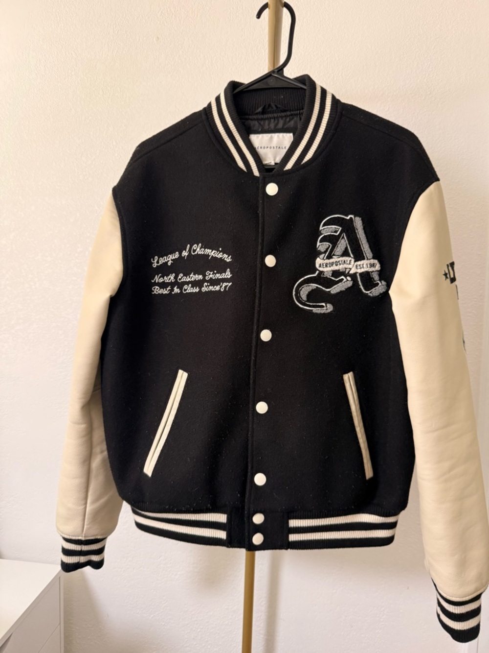 Aeropostale Varsity Jacket Black Cream Letterman Style NYC Patch Size small